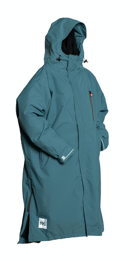 a red original pro changing robe in the colour deep teal with a black fleece  lining red logo in the bottom corner with cuffed sleeves and white background