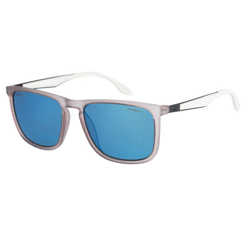 Sunglasses with blue lenses and grey frame on a white background
