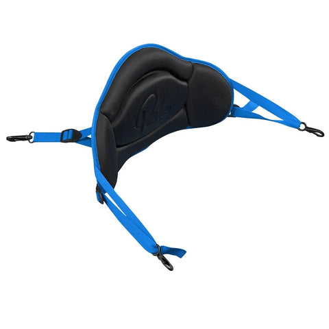 Black padded back rest with blue straps for use on sit on top kayaks