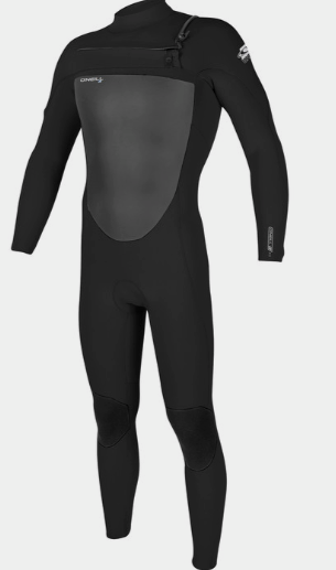 O'Neill Epic 3/2 chest zip wetsuit in black color, featuring a high neck and long sleeves.
