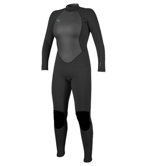 A black O'Neill Reactor 3/2 wetsuit for women with long sleeves and a back zipper, designed for water sports.