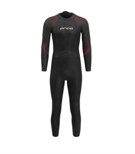 A black Orca Athlex Float wetsuit for triathlon and openwater swimming, featuring red details on the shoulders.