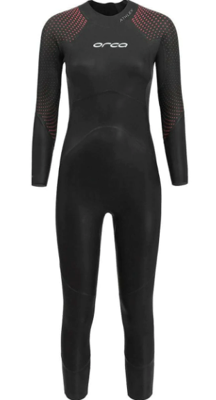 A black Orca Athlex Float wetsuit for triathlon and openwater swimming, featuring red details on the shoulders.