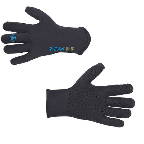 Black neoprene gloves with Peak PS printed logo for kayaking and general watersports activities