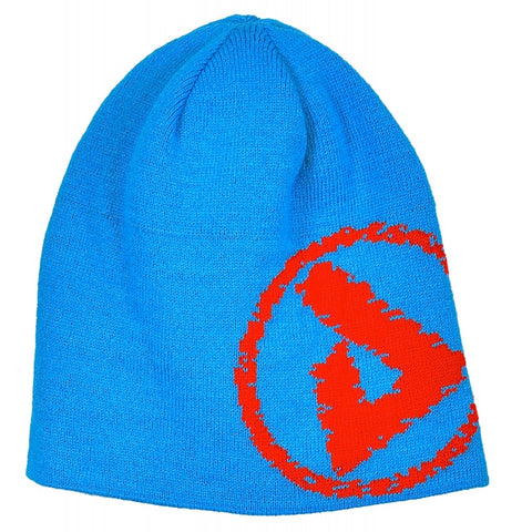 Blue wooly hat with red Peak UK logo.
