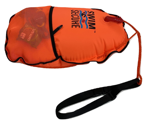 Bright orange inflatable float with external mesh pocket for openwater swimming