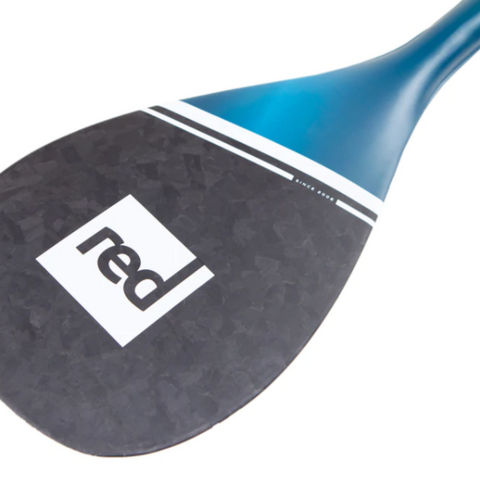 Carbon blade for a Stand Up Paddleboard paddle. Blue graphics with Red logo on white.