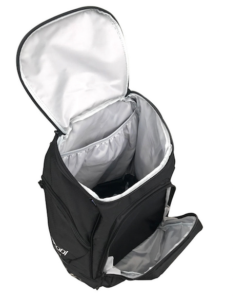 Black backpack showing internal pockets with zip closure.
